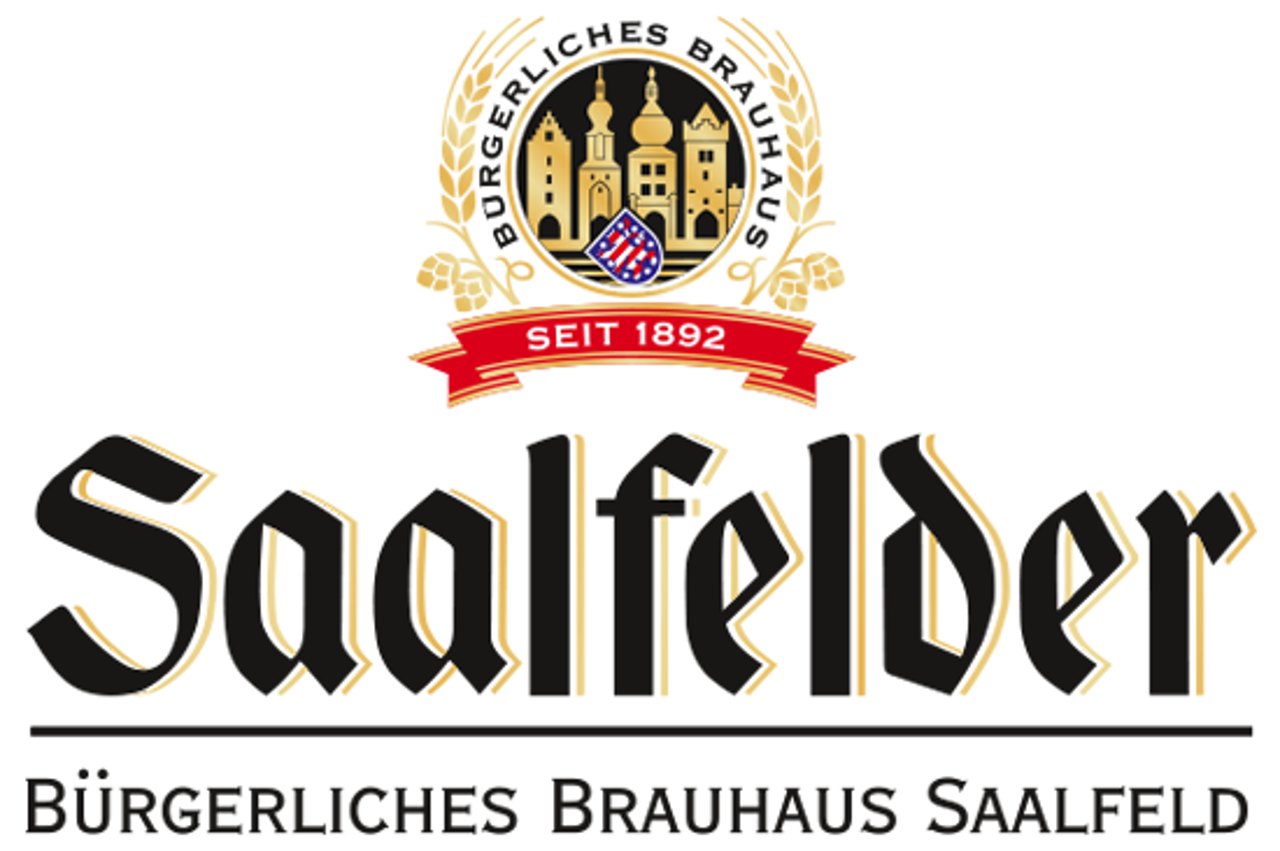 Saalfelder Bürgerliches Brauhaus Saalfeld Logo mit Stadtansicht und "SEIT 1892".