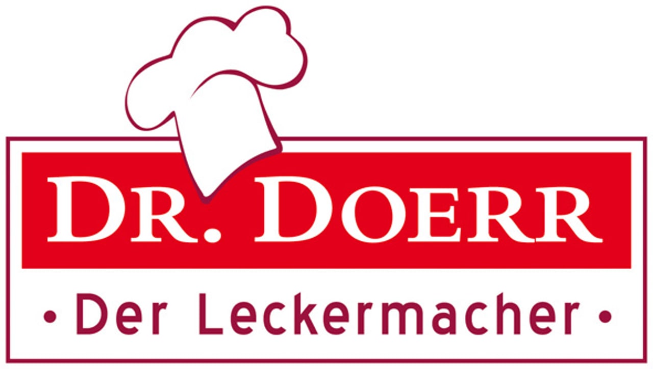 Rotes Logo mit weißer Kochmütze und Text "DR. DOERR Der Leckermacher"