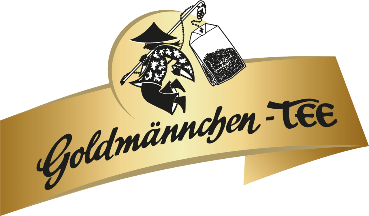 Goldenes Band mit schwarzem Text "Goldmännchen-TEE" und Logo eines asiatischen Mannes mit Teeblättern.